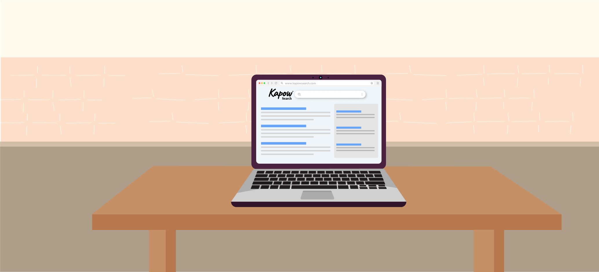 Illustration of a laptop on a table displaying a search engine webpage.