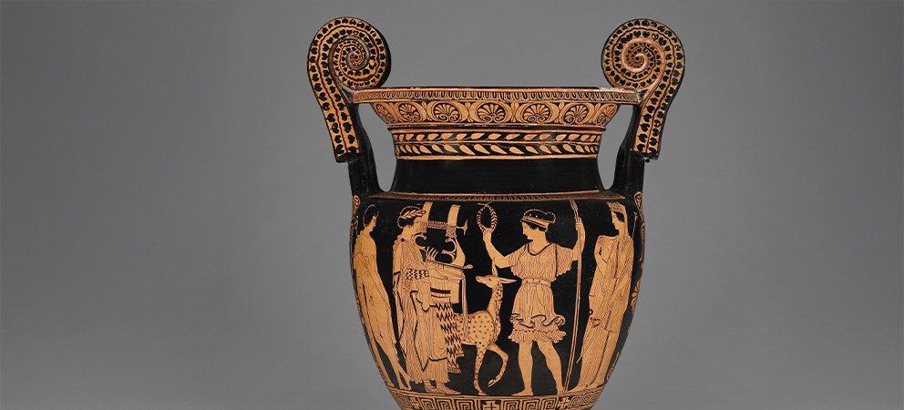 Ancient Greek vase with painted figures and decorative handles.