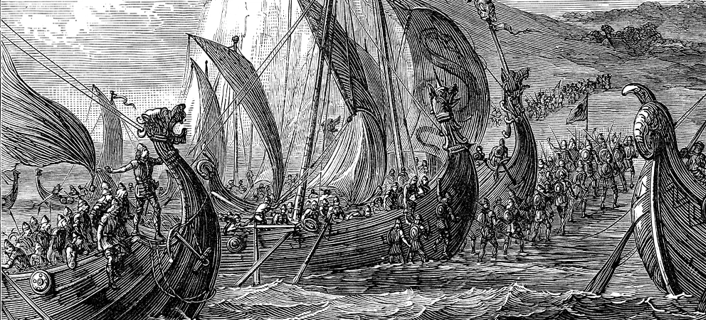 An engraved illustration showing Viking longships landing, with warriors carrying shields and weapons disembarking onto a shore.