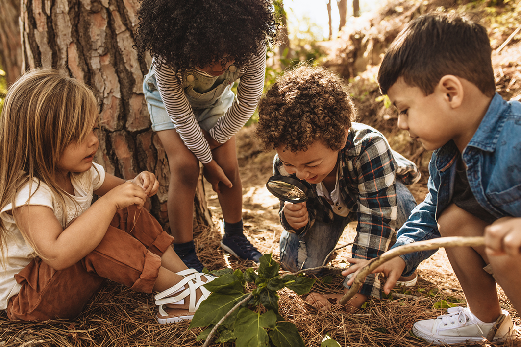 Four kids exploring nature outdoors with a magnifying glass, a stick, and examining leaves.