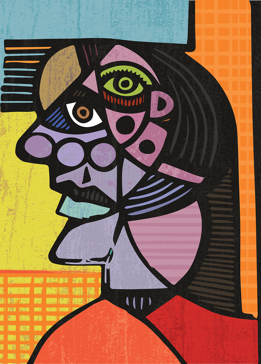 A colourful abstract illustration of a face, inspired by cubism, featuring geometric shapes and vibrant colours.