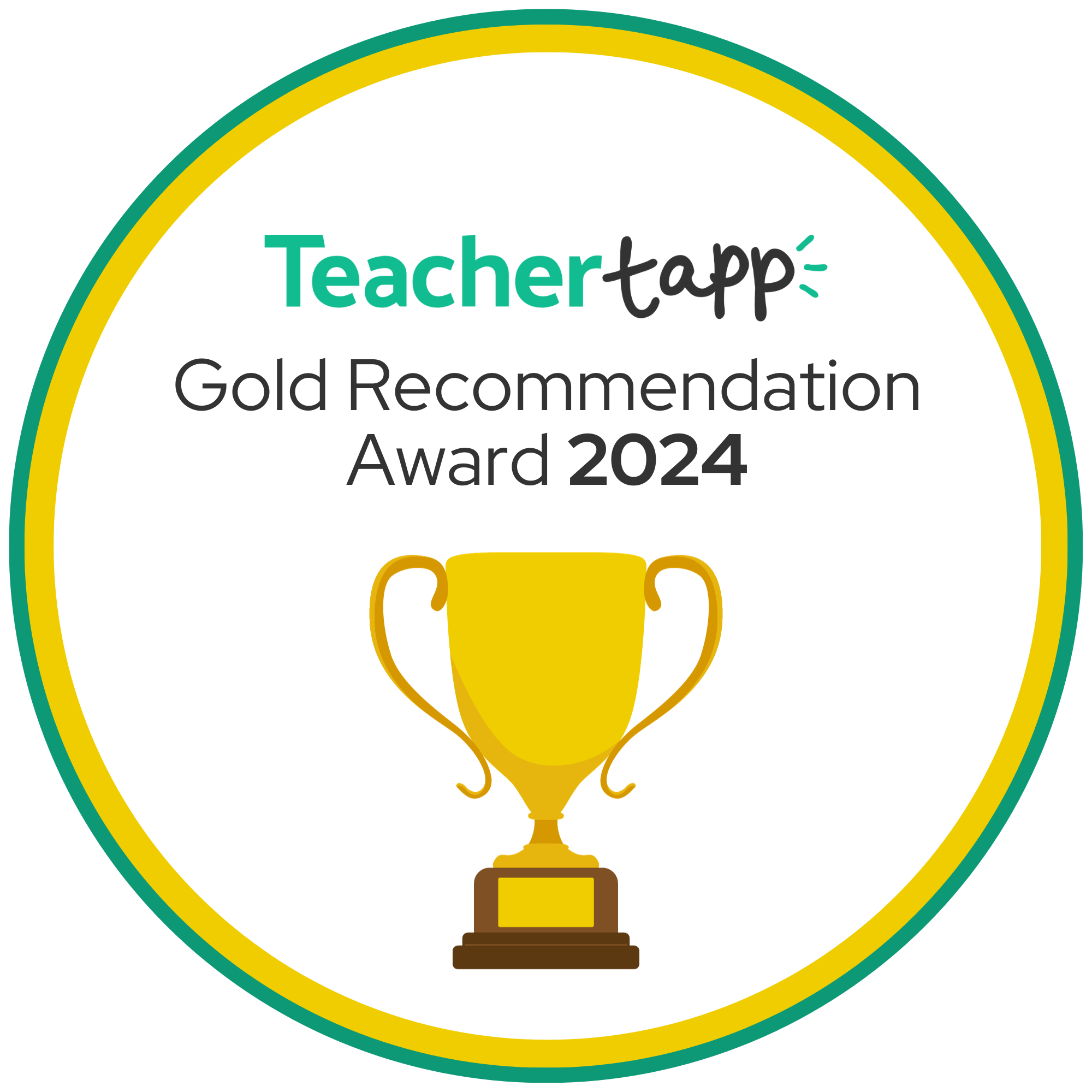 Teacher Tapp Gold Recommendation Award 2024 badge with a gold trophy.