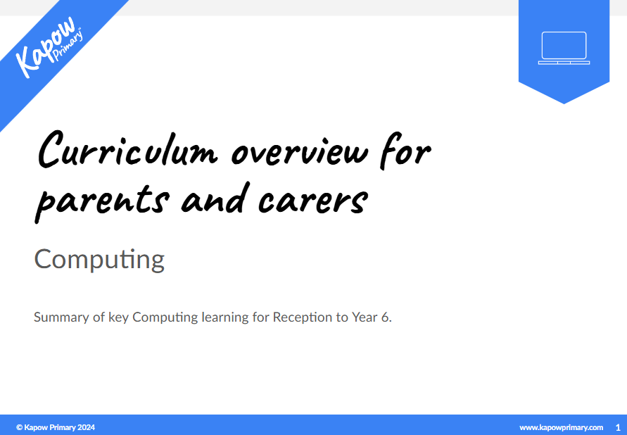 The front cover of the guide for parents and carers which details each half-term of Kapow Primary's Computing curriculum.