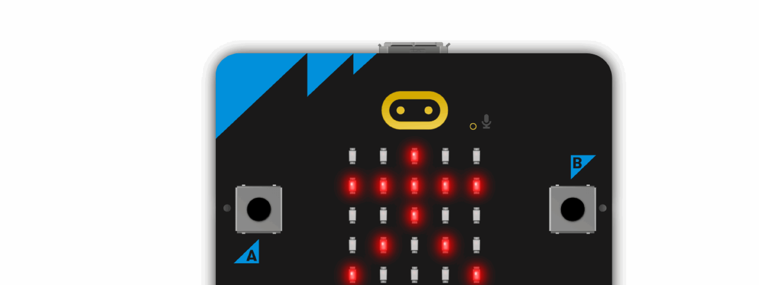 Close-up of a BBC micro:bit with its LED grid lit up in the shape of a red X.