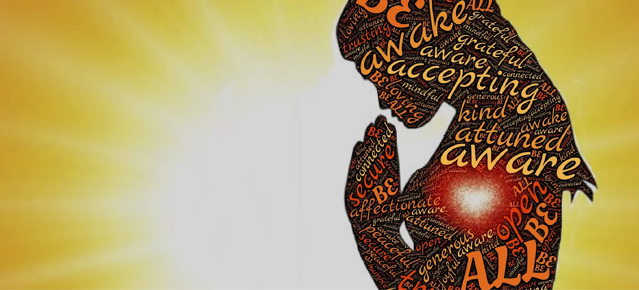 Silhouette of a person in prayer filled with inspirational words like “be kind,” “aware,” and “accepting” against a golden background.