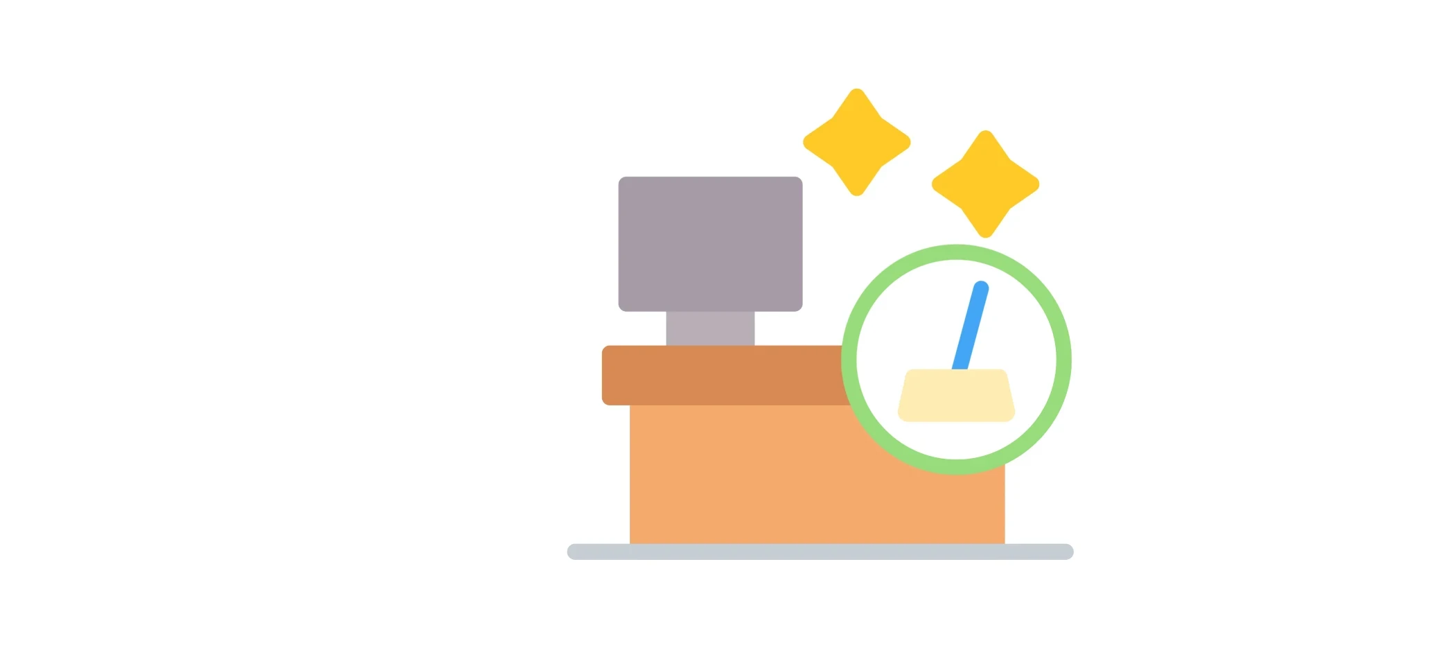 Illustrated icon showing a counter being cleaned, with a mop symbol and sparkle shapes to indicate cleanliness.