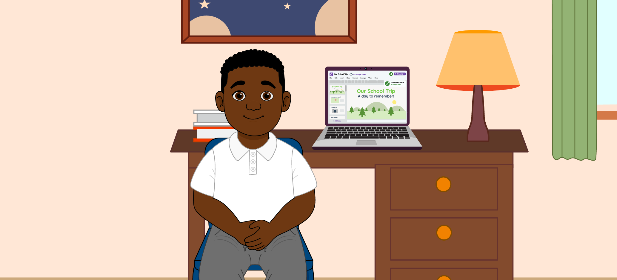 A child sitting at a desk with a laptop displaying a presentation about a school trip.