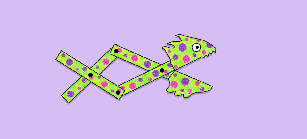 Illustration of a moving monster toy made with linkages.
