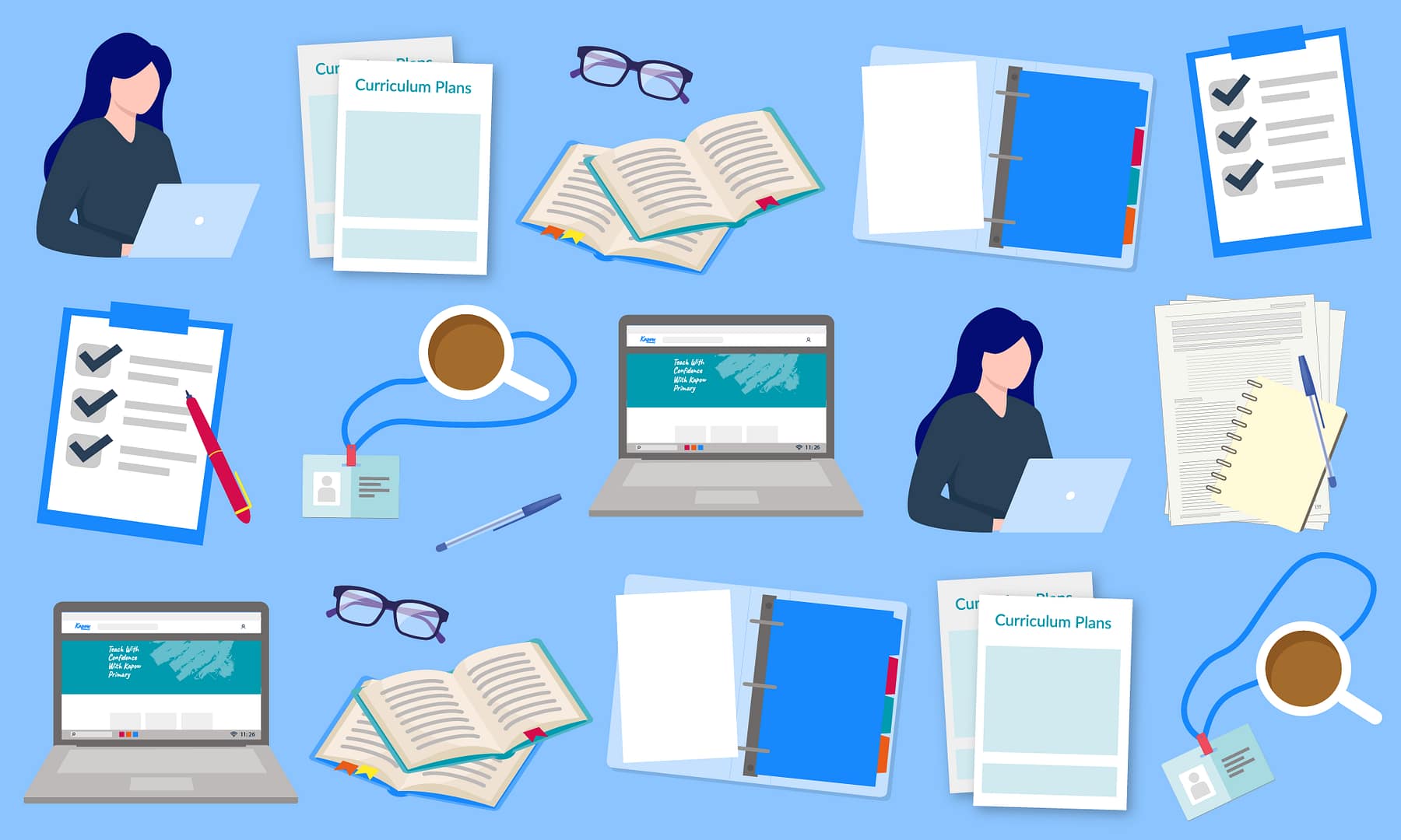 Image featuring a teacher working, a laptop, glasses, a hot beverage and planning documents and files.