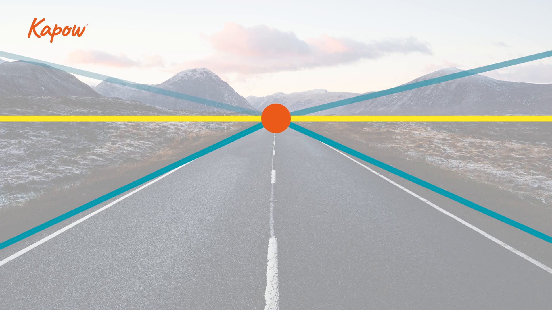 An illustration of a road leading towards a mountainous landscape under a clear sky with clouds. Overlaid on the image are a yellow horizontal line, two blue diagonal lines converging at the center, and an orange circle marking the vanishing point.