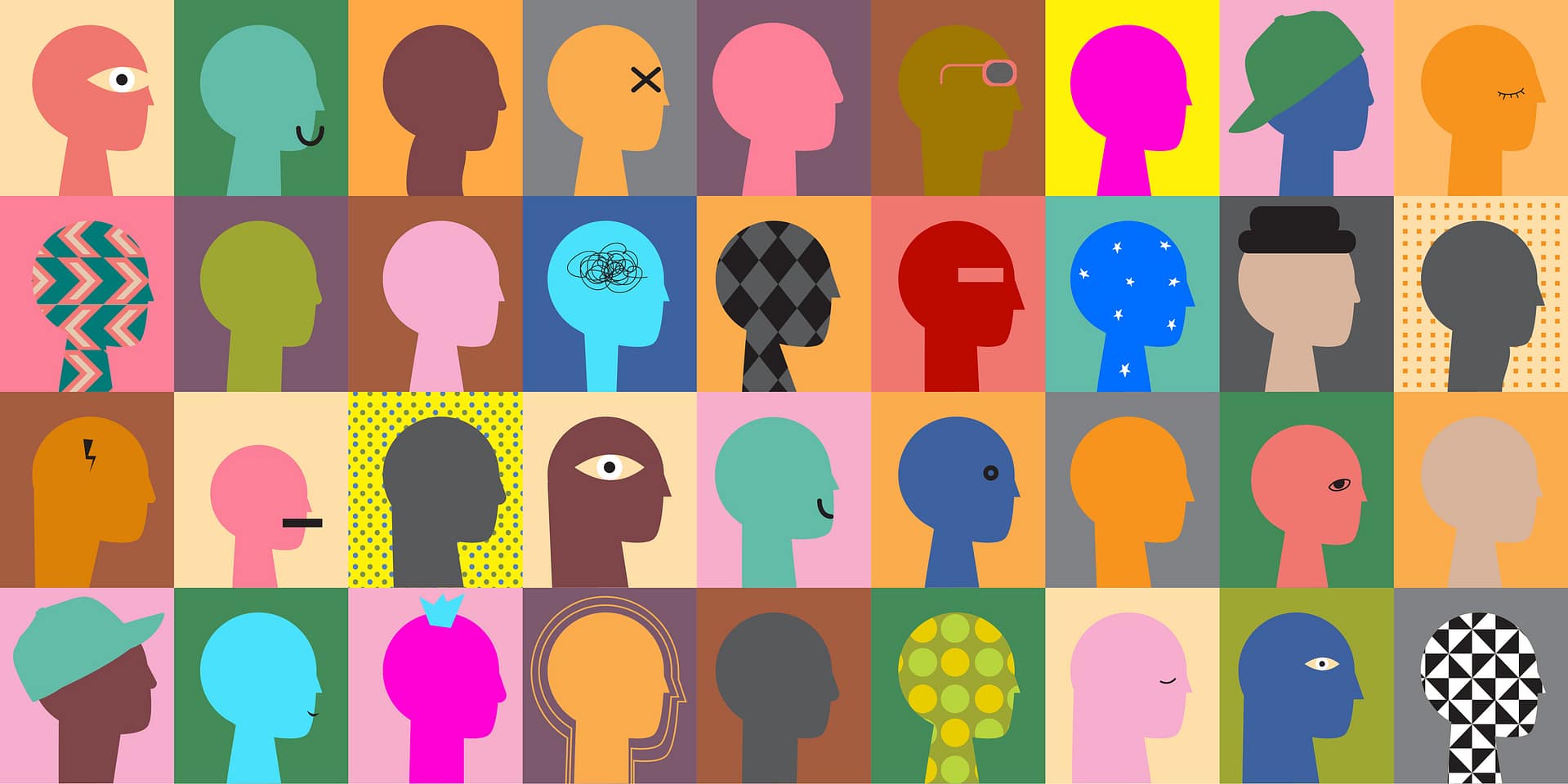A colourful grid of illustrated human profiles, each with different facial features, patterns and colours.