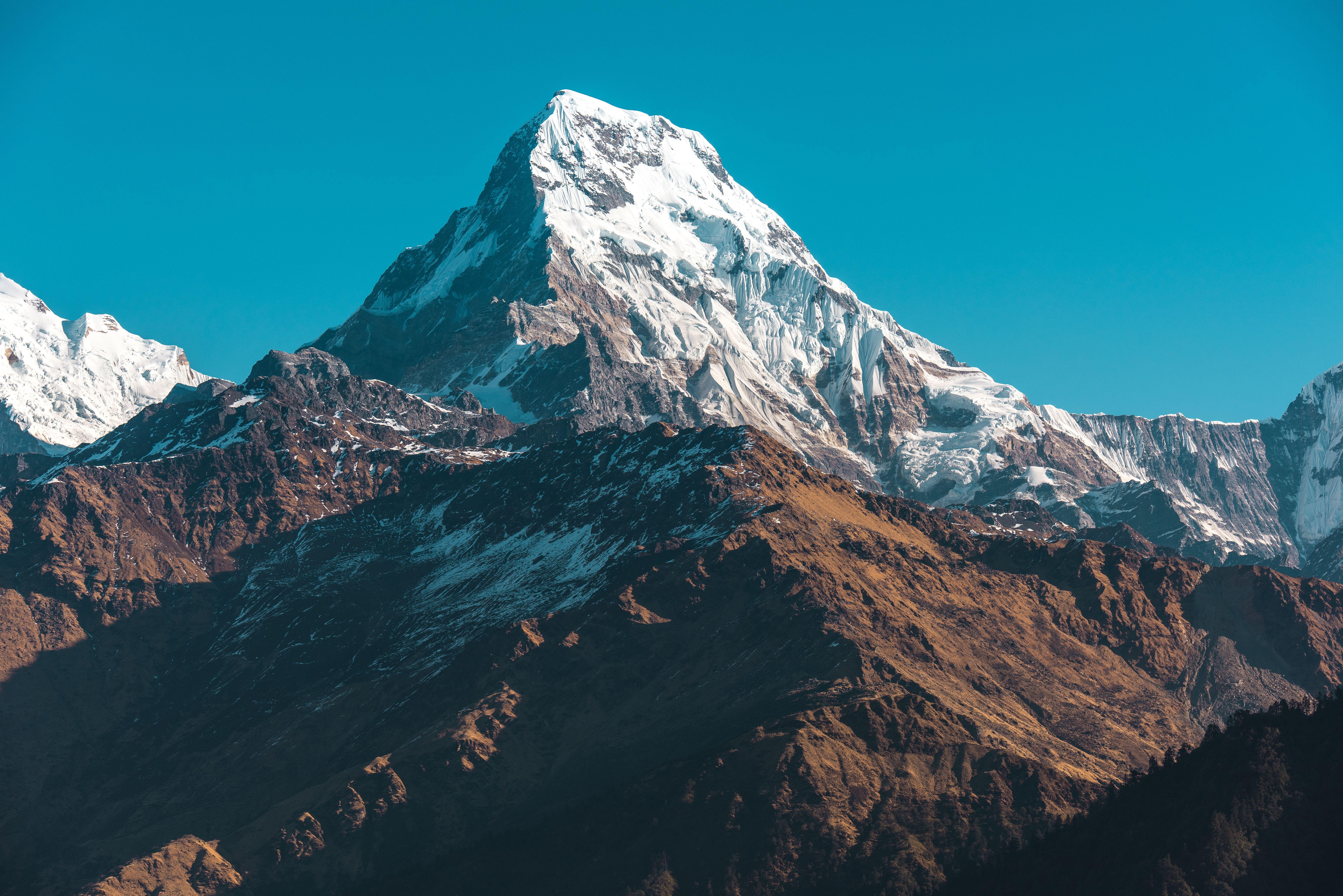 A snowy mountain peak against clear sky