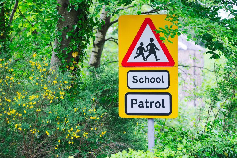 traffic sign showing a crossing near school