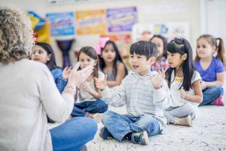 Children sitting in a circle clapping along with their teacher during a classroom activity.
