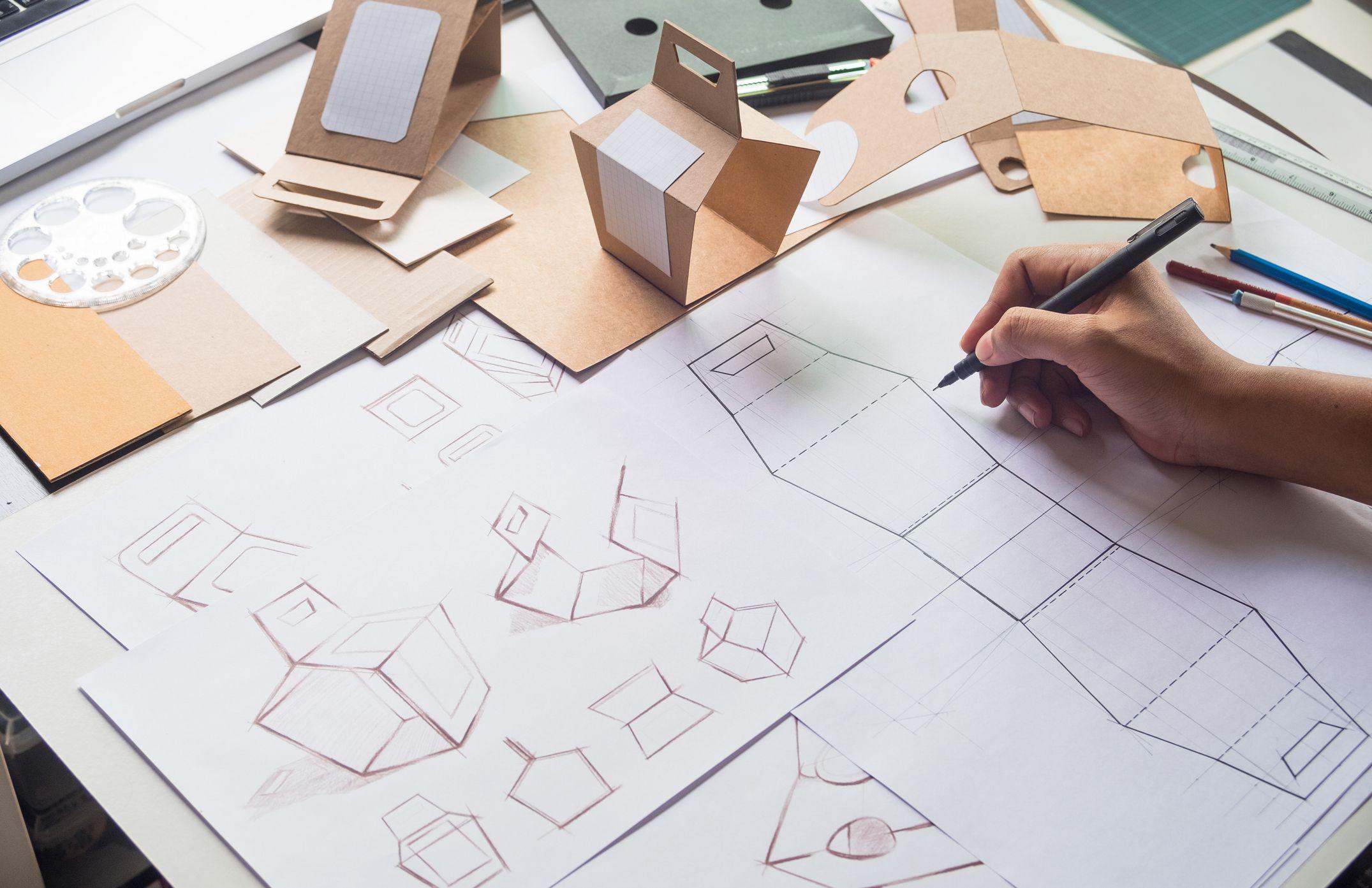 Product development sketches of a cardboard carton