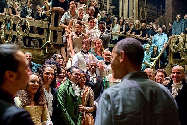 Obama greets the cast and crew of Hamilton musical 2015.jpg Public domain