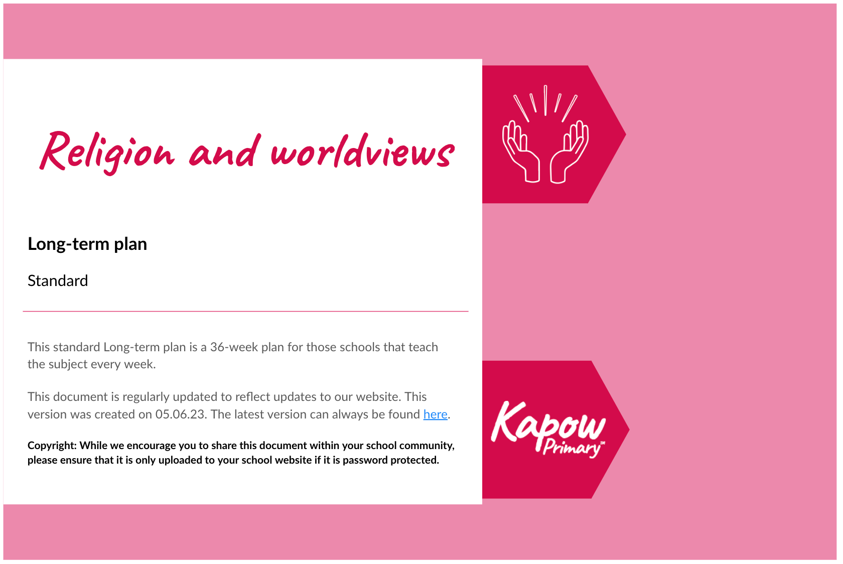 The cover of the R&W standard long-term plan - a document providing oversight of Kapow's whole-school R&W scheme, featuring the pair of hands symbol.