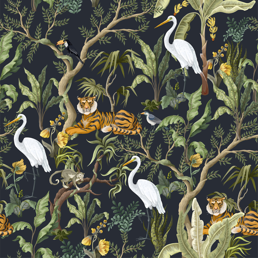 repeating pattern of a jungles scene with plants and animals including tigers.