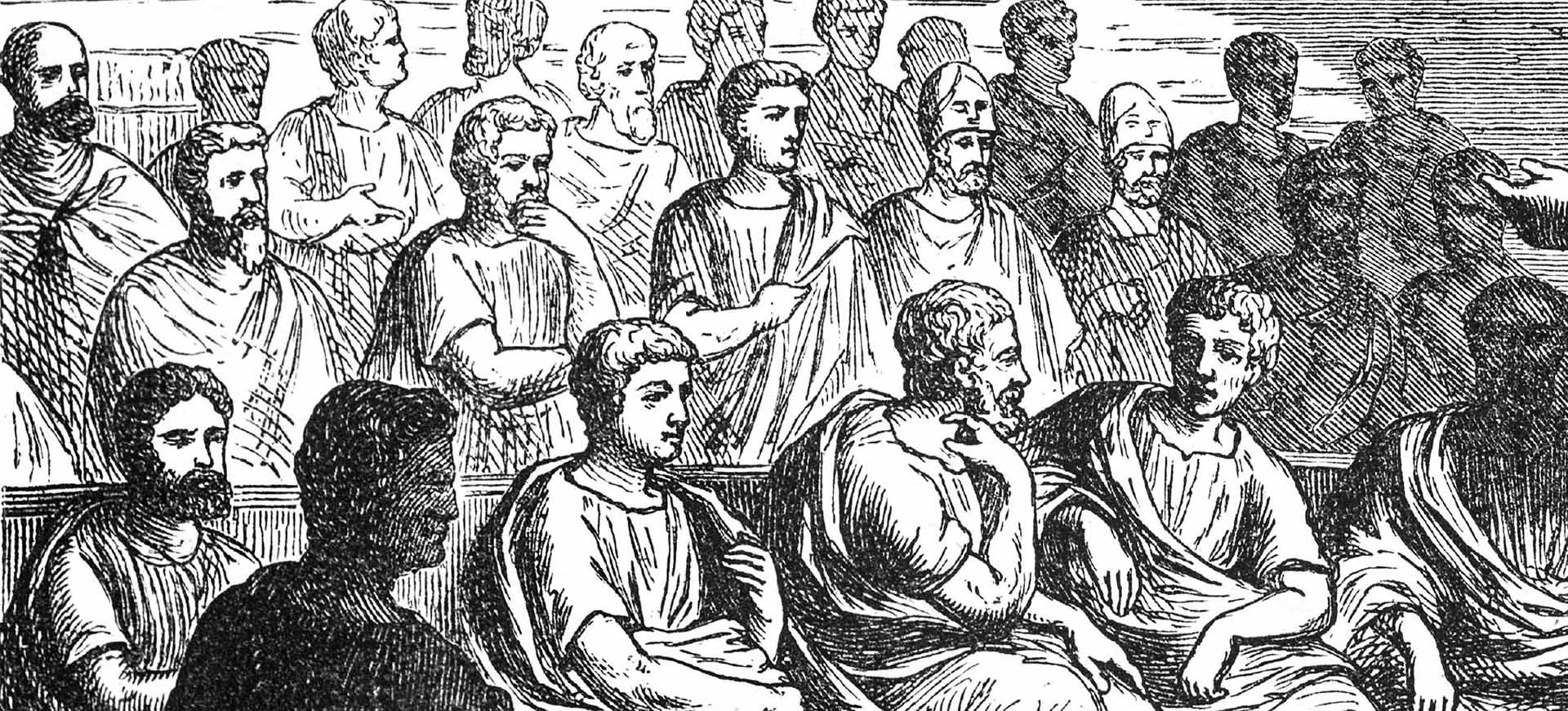 Engraving showing a group of ancient Greek men seated and standing together, listening during a public discussion or debate.