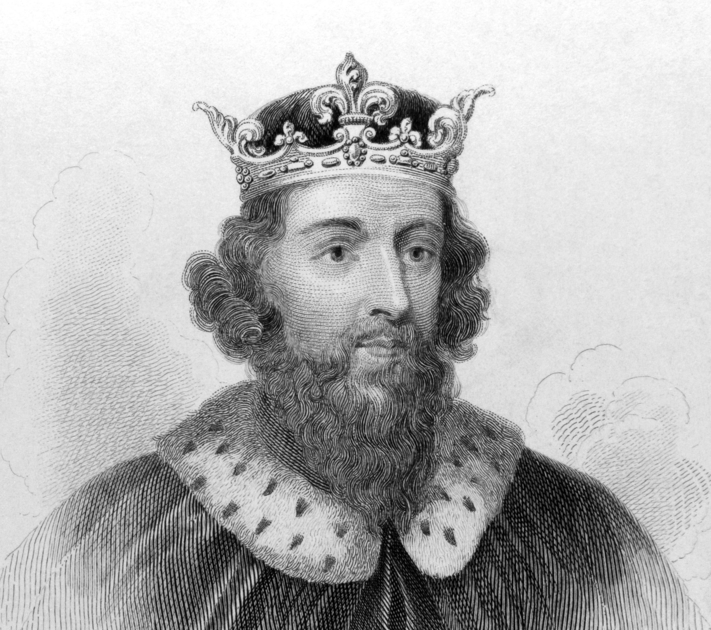 A black and white engraved portrait of a medieval king wearing a crown and fur-trimmed robe.