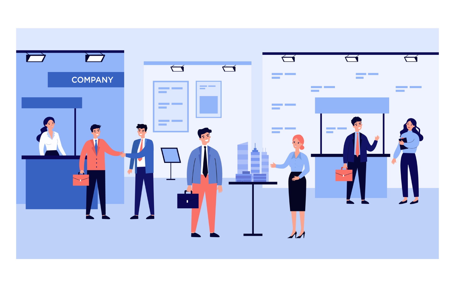 A cartoon image of an exhibition stand the colour theme is blue.