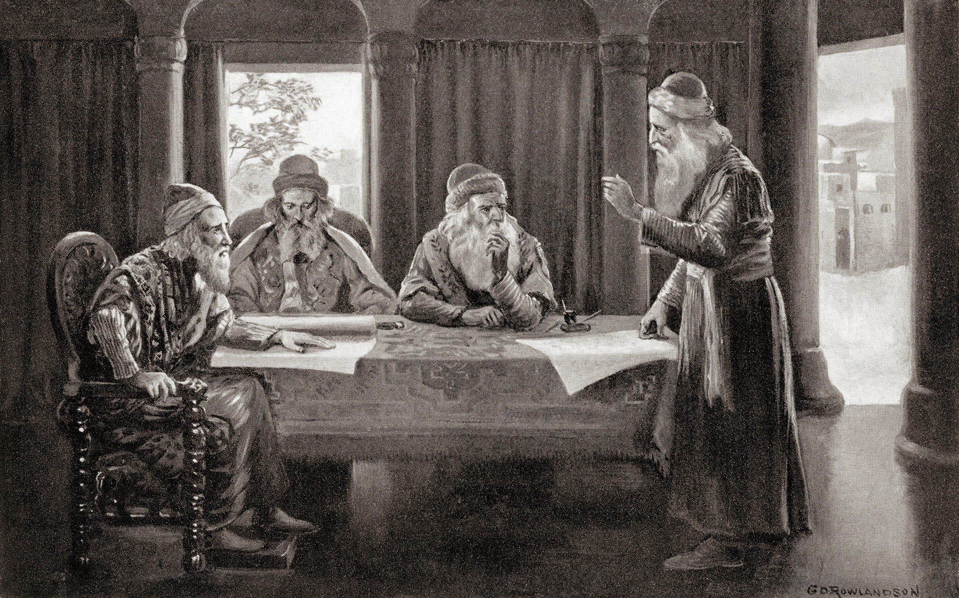 illustration of four men in ancient dress discussing around a table.