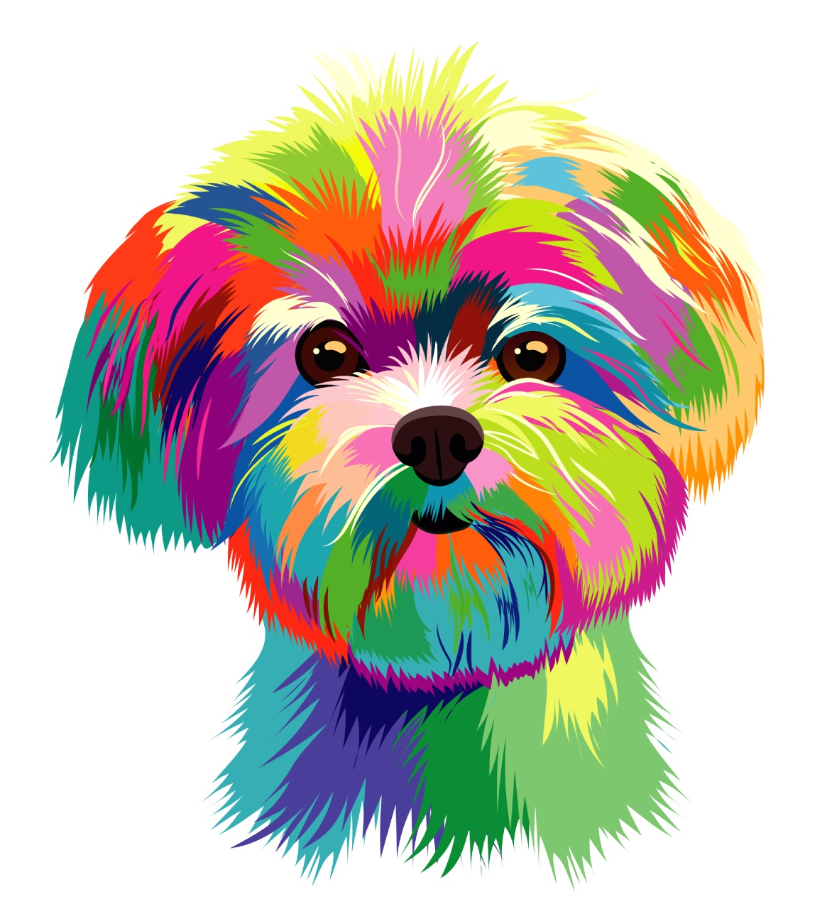 Colourful digital artwork of a dog with vibrant rainbow fur.