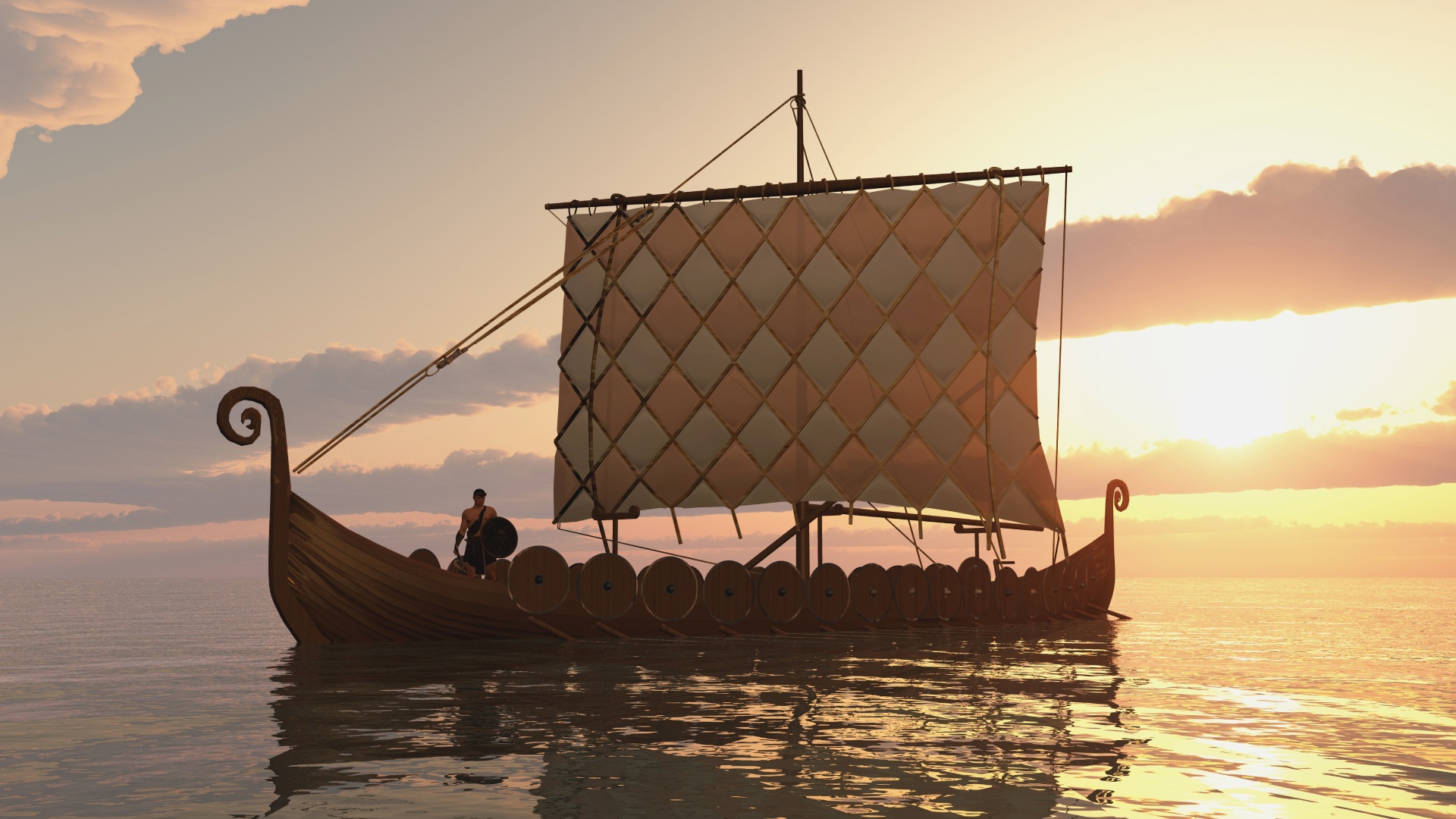 A Viking longship with a large square sail sailing on calm water at sunset.