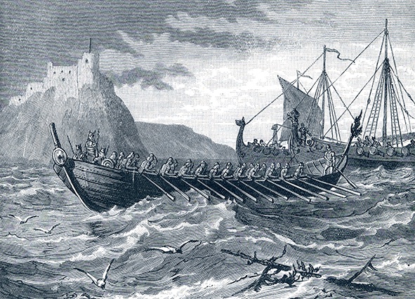 A black and white illustration of Viking longships sailing on rough seas near a rocky coastline.