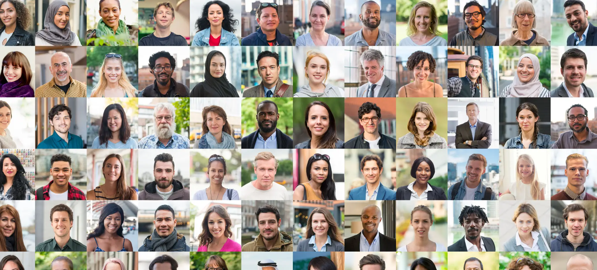 Big collage of head shots of real people around the world, men and women.