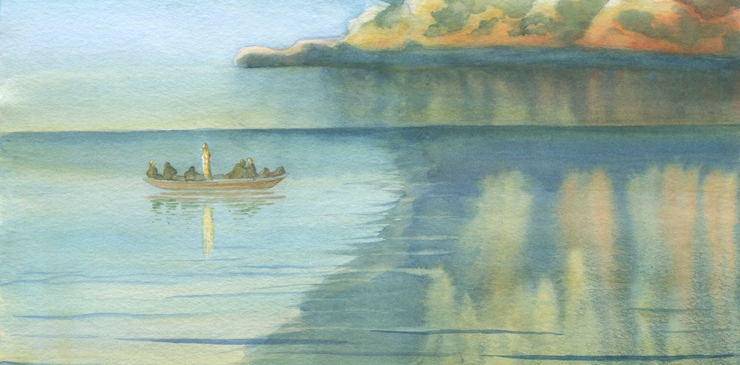Watercolour-style image of Jesus in a boat with disciples during a calm moment after the storm.