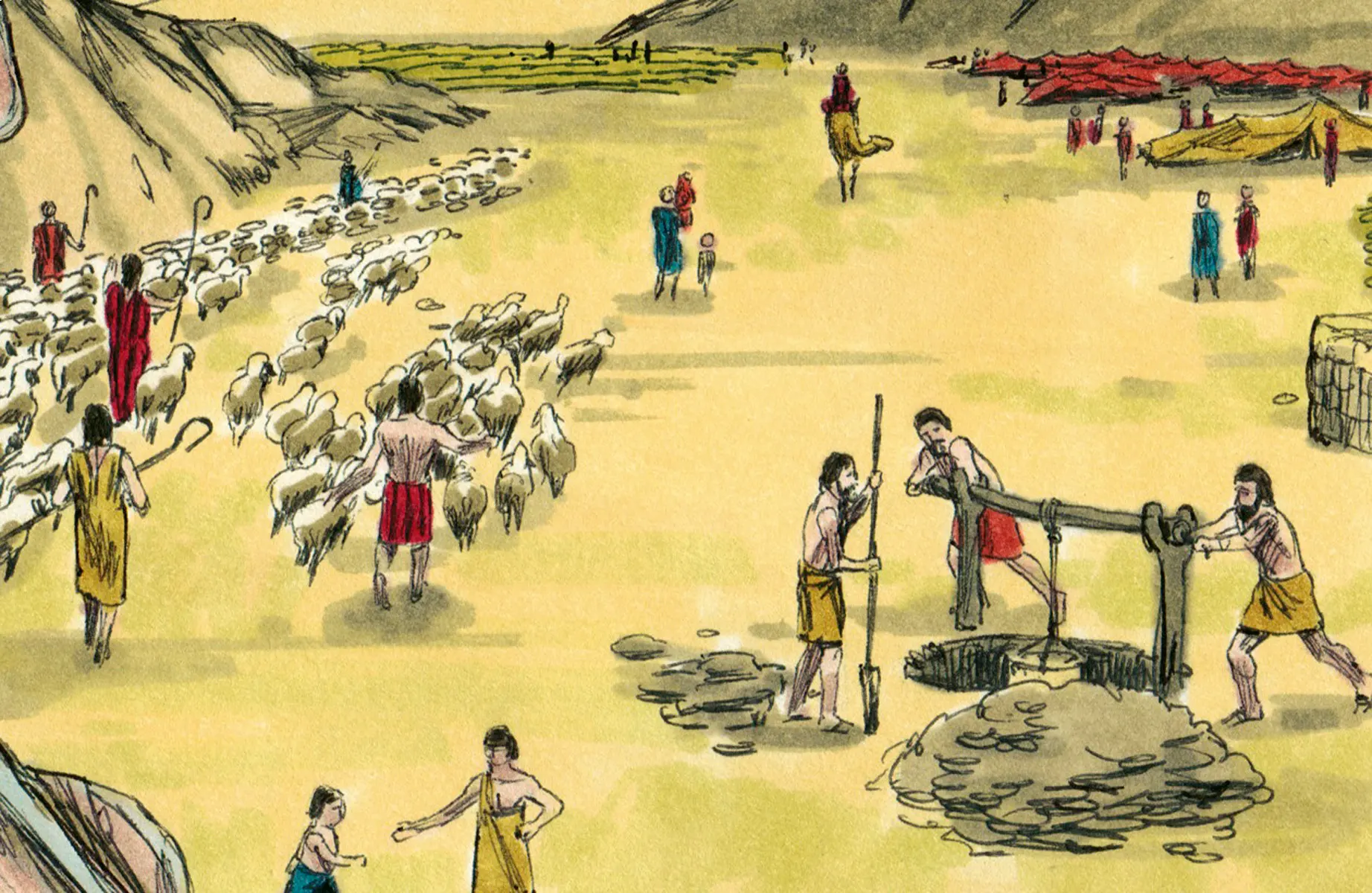 Illustration of people herding sheep and working at a well in a desert camp setting.