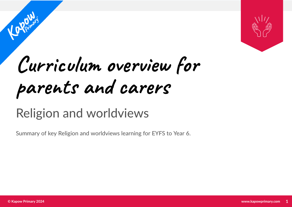 The front cover of the R&W curriculum overview for parents and carers which details each term of Kapow Primary's R&W curriculum, featuring the pairs of hands symbol.