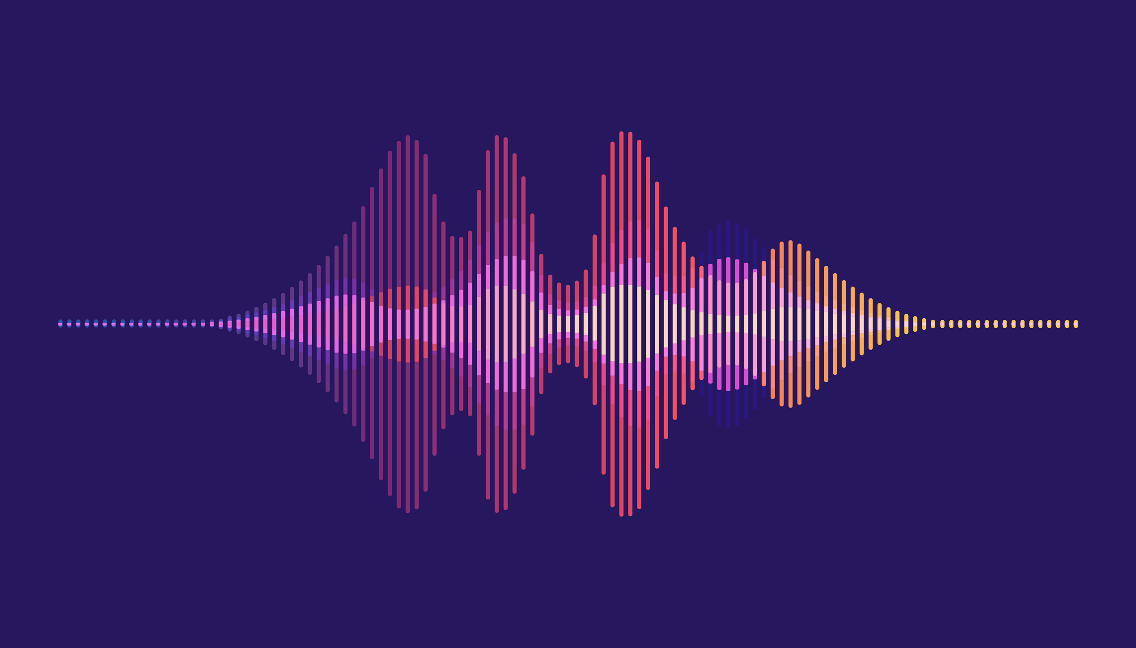A digital soundwave graphic with multiple peaks and valleys, shown in pink, purple and orange tones against a dark blue background. The wave starts small, grows larger in the centre, then decreases again, representing sound volume changes.
