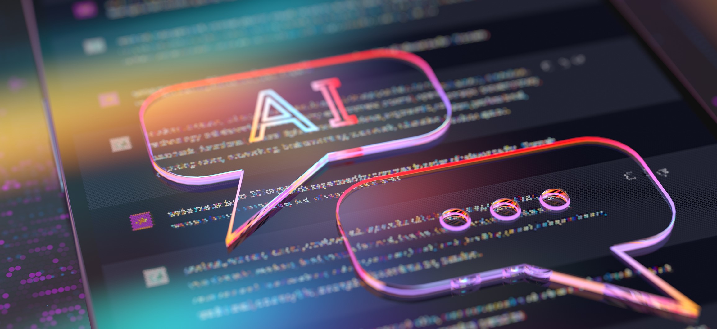 Two speech bubbles against a background of a screen with a message conversation on. One speech bubble says 'AI' and the other has an ellipsis in