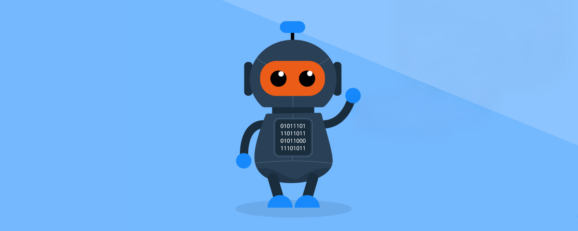A smiling robot waving on a blue background.