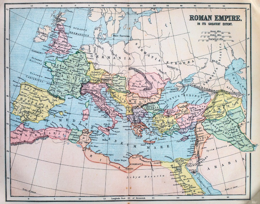 An old map of Europe and North Africa showing the Roman Empire.