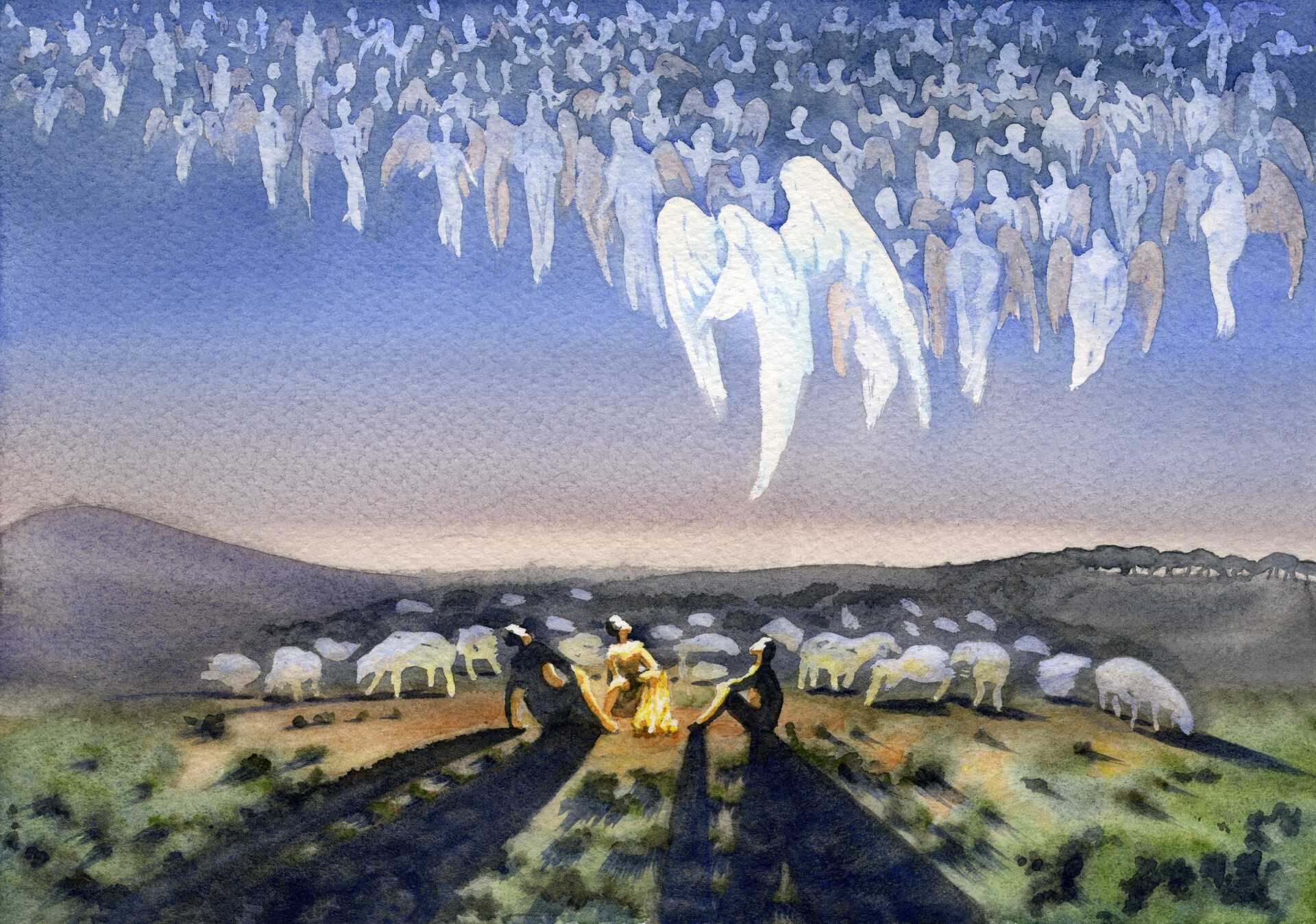 Three shepherds sit on the grass with a flock of sheep around them, as many angels appear in the sky