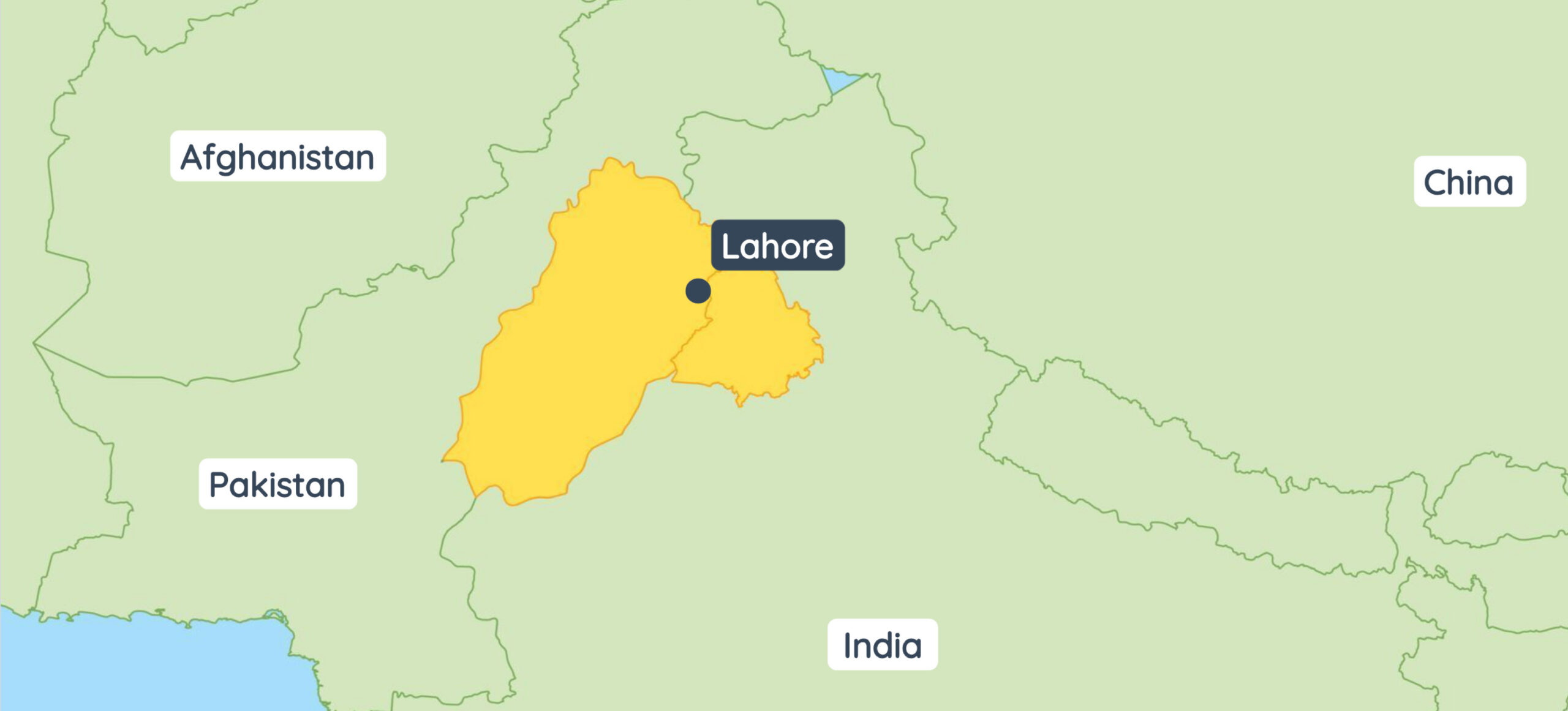 Map showing Pakistan with Lahore marked.