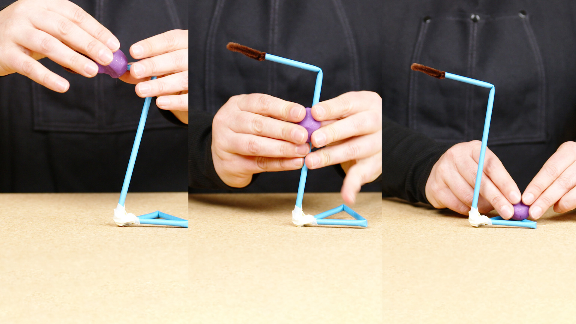 Three side by side images of a person making a model basketball hoops with blue straws and sticking a ball of purple dough on different places on the structure.