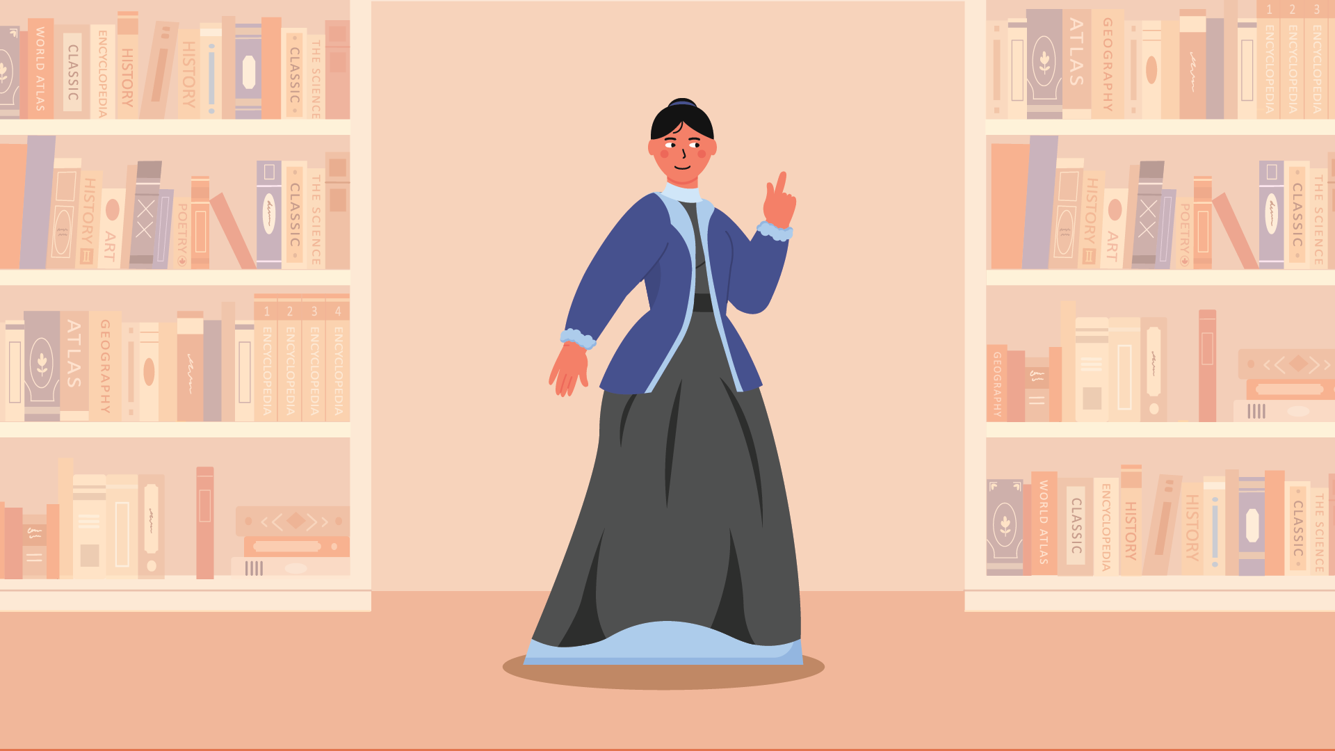 Illustrated female marine biologist who invented the aquarium in front of bookshelves