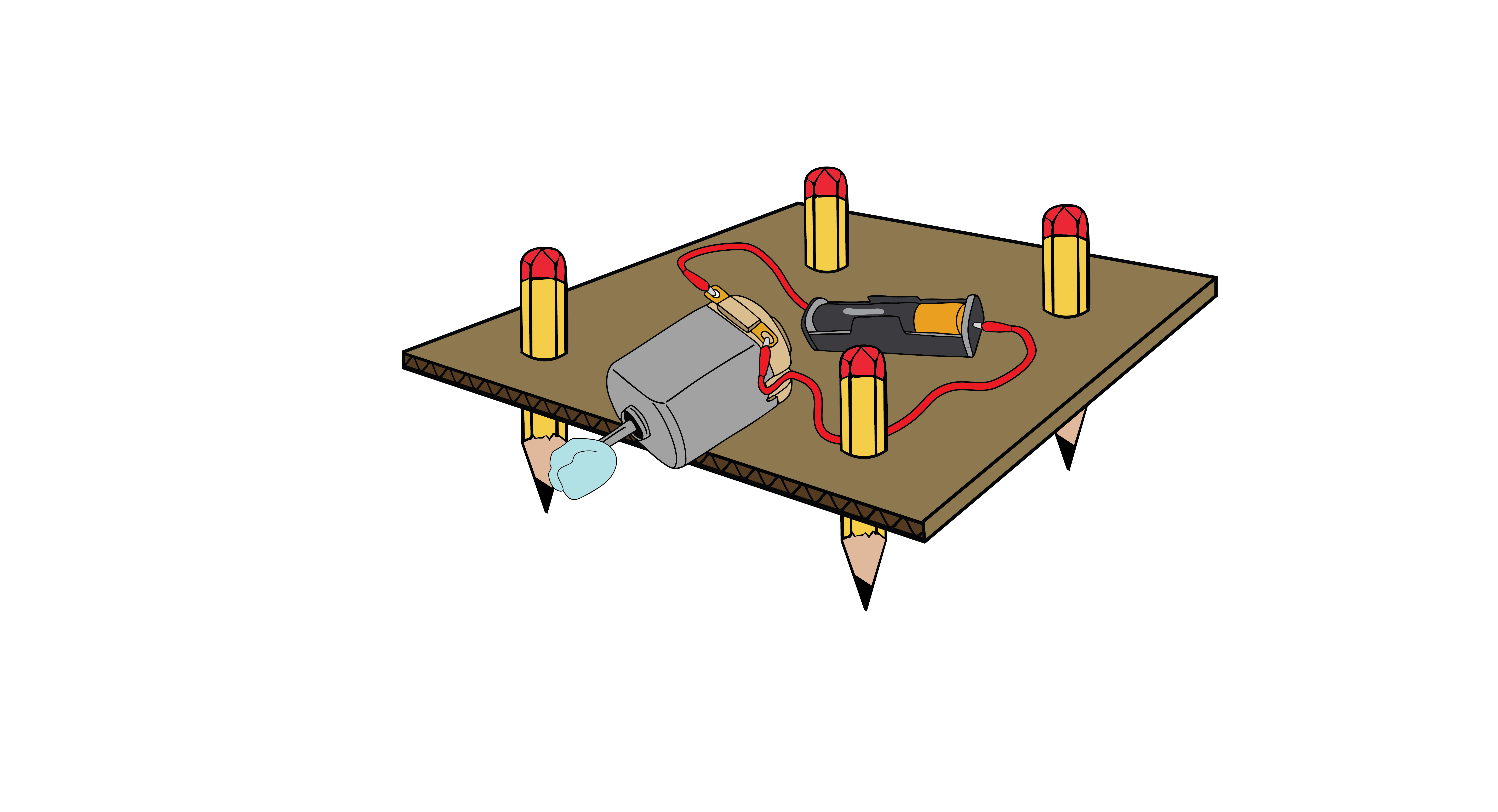 Illustration of a cardboard wobble bot with four pencils for legs and a motor, off-centre weight and a battery connected with wires with crocodile clips.