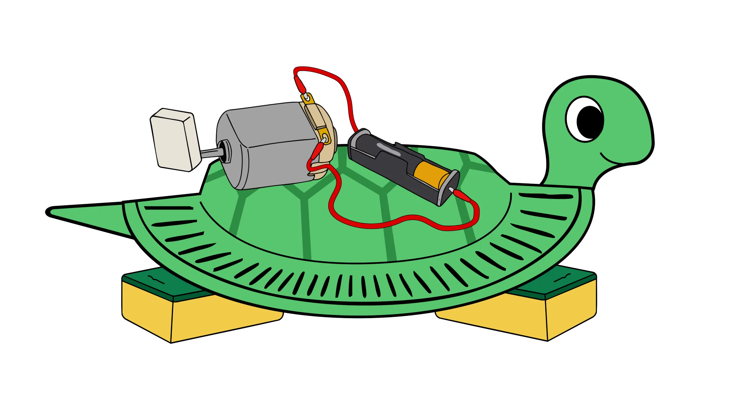 Illustration of a wobble bot designed to look like a tortoise with sponges for legs and a motor with a weight on to make it wobble around the floor.