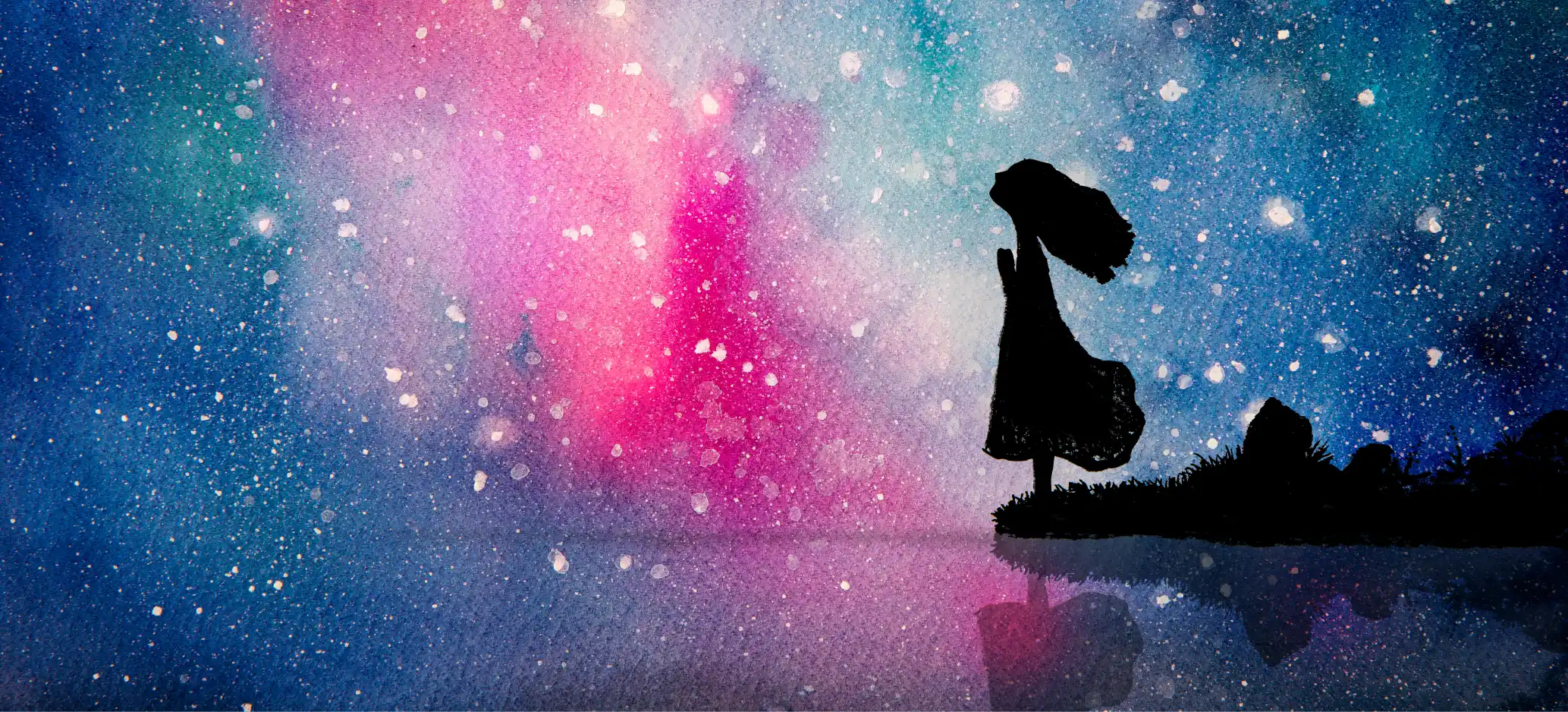 Silhouette of a girl standing under a colourful starry sky with shades of blue, pink and purple.