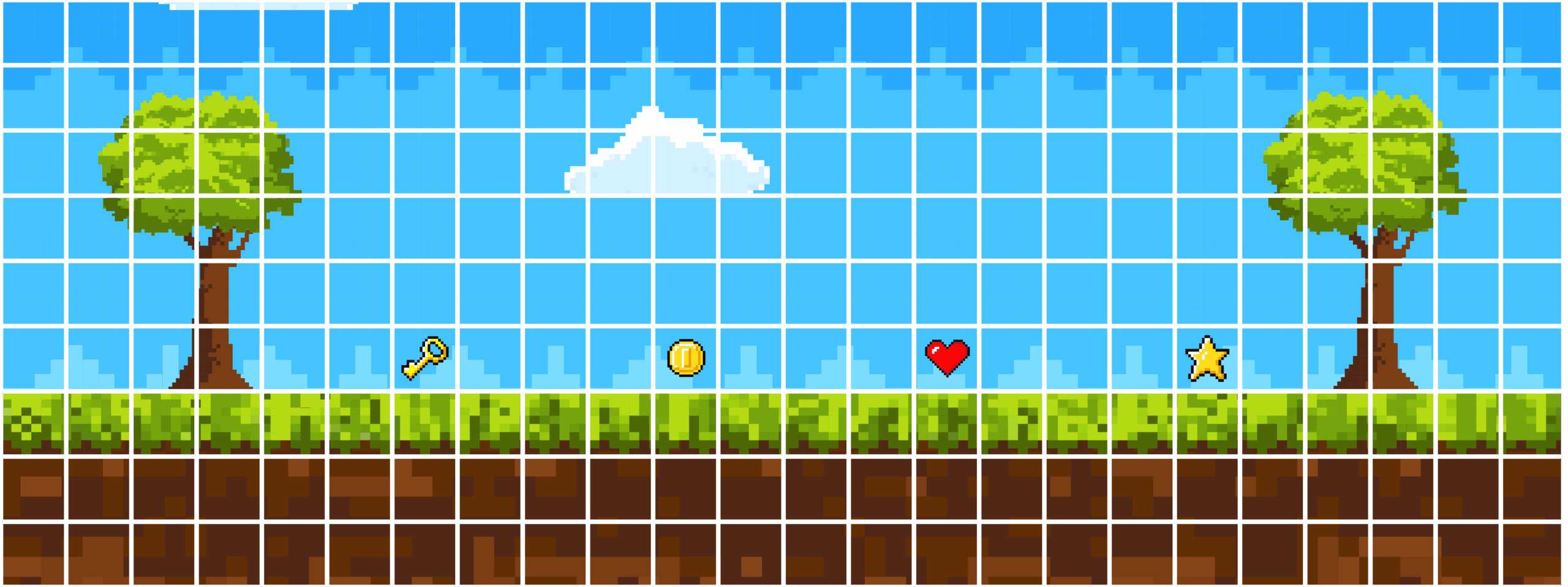Pixel art game grid with trees, grass, soil, and icons of a key, coin, heart, and star placed on the ground.