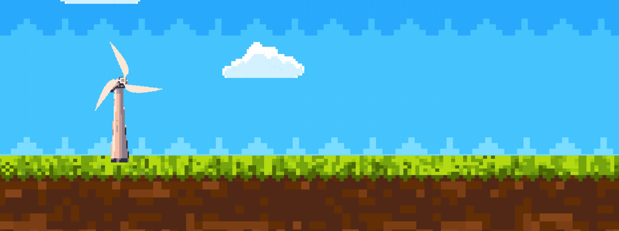 Pixel art scene of a wind turbine on grass with soil below, set against a blue sky with clouds.