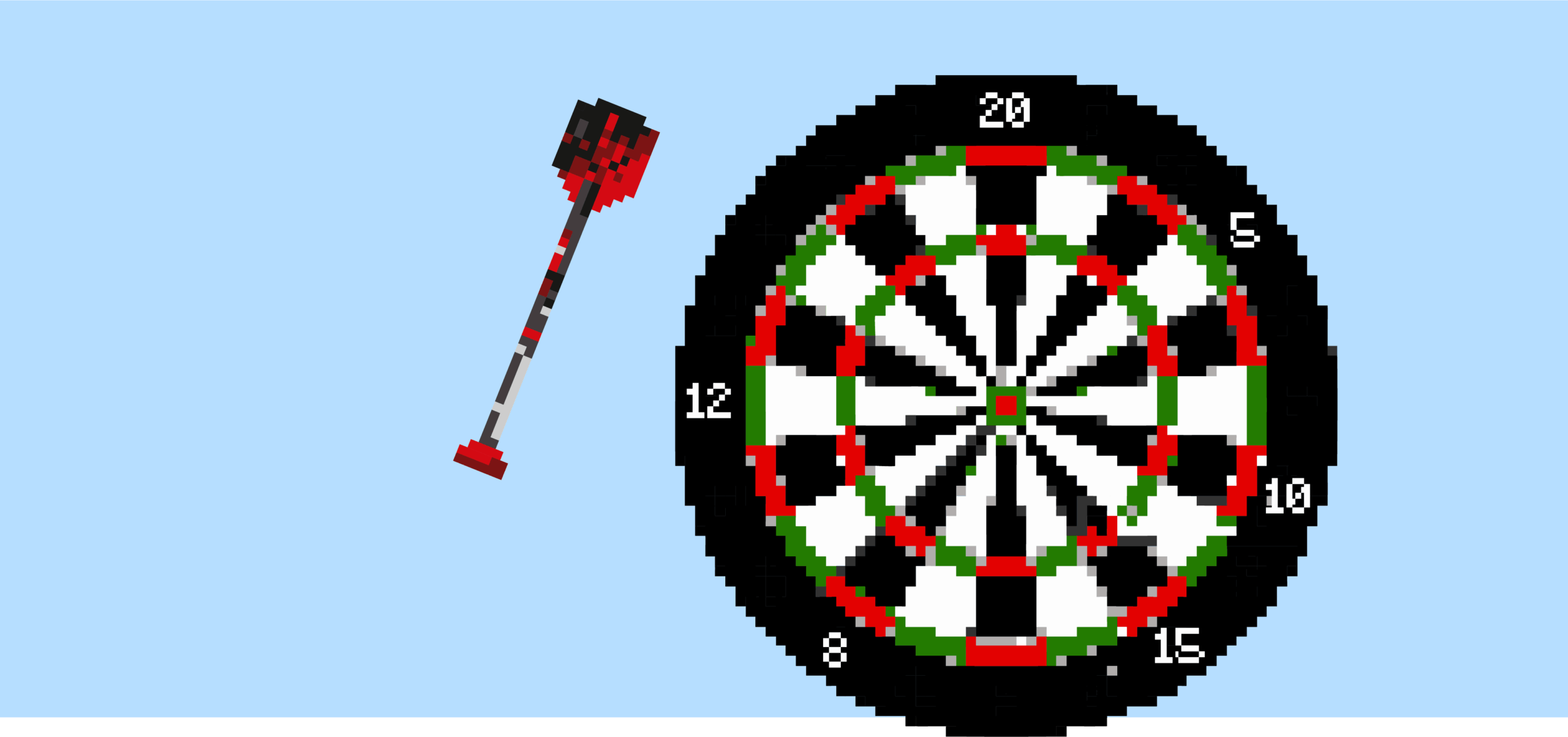 Pixel art dartboard with numbers and a red-and-black dart flying toward it on a light blue background.