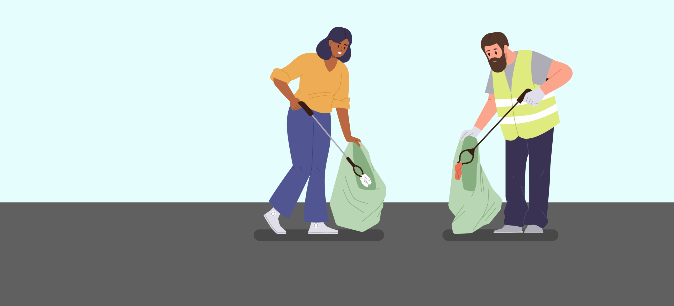 Illustration of two people using litter pickers to collect rubbish into green bags.