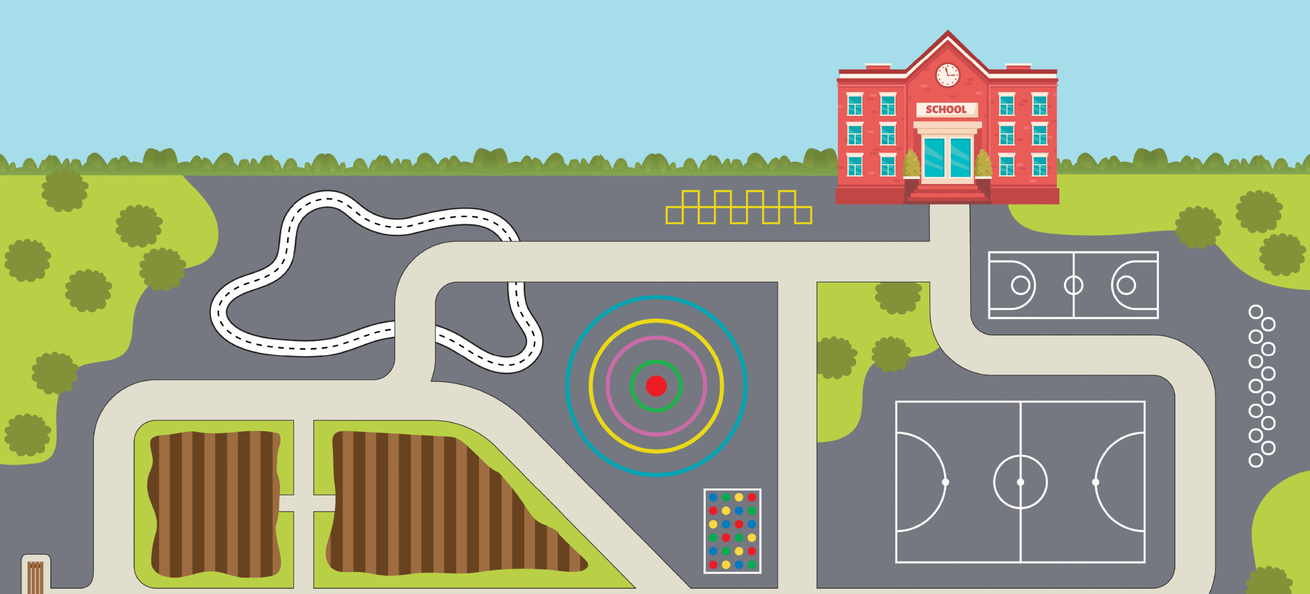Illustration of a school playground with a red school building, some grass areas and paths on a grey background.