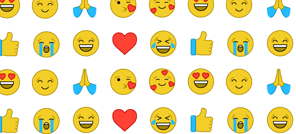 Pattern of emojis showing hearts, smiles, laughter, thumbs up and crying faces